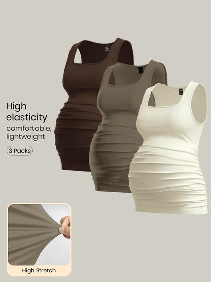 Maternity Ruched Tank Top 3-Pack - Square Neck, Slim Fit, Multicolor