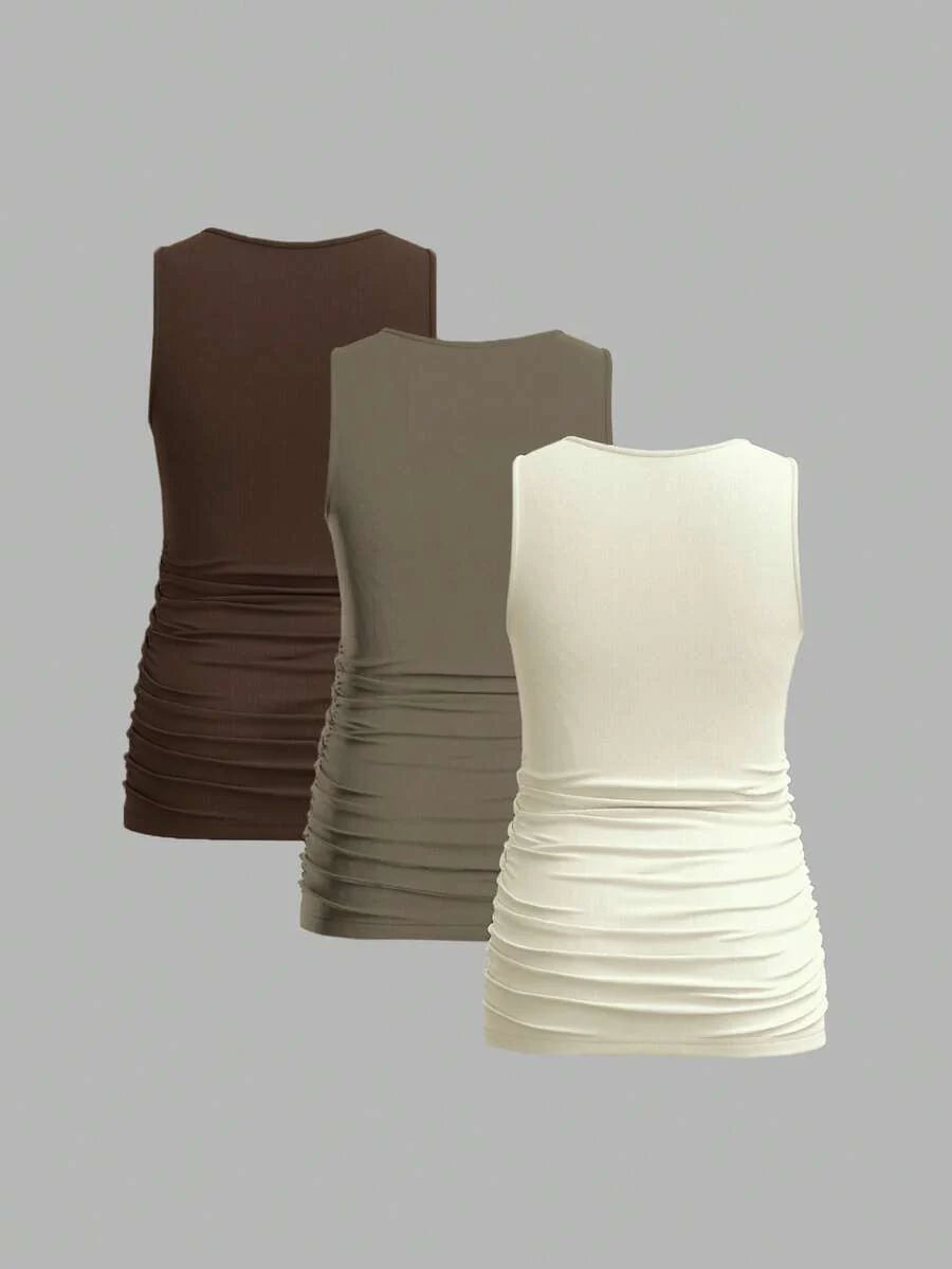 Maternity Ruched Tank Top 3-Pack - Square Neck, Slim Fit, Multicolor