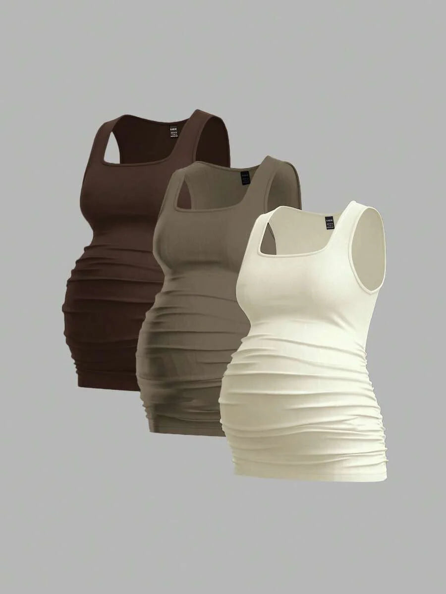 Maternity Ruched Tank Top 3-Pack - Square Neck, Slim Fit, Multicolor