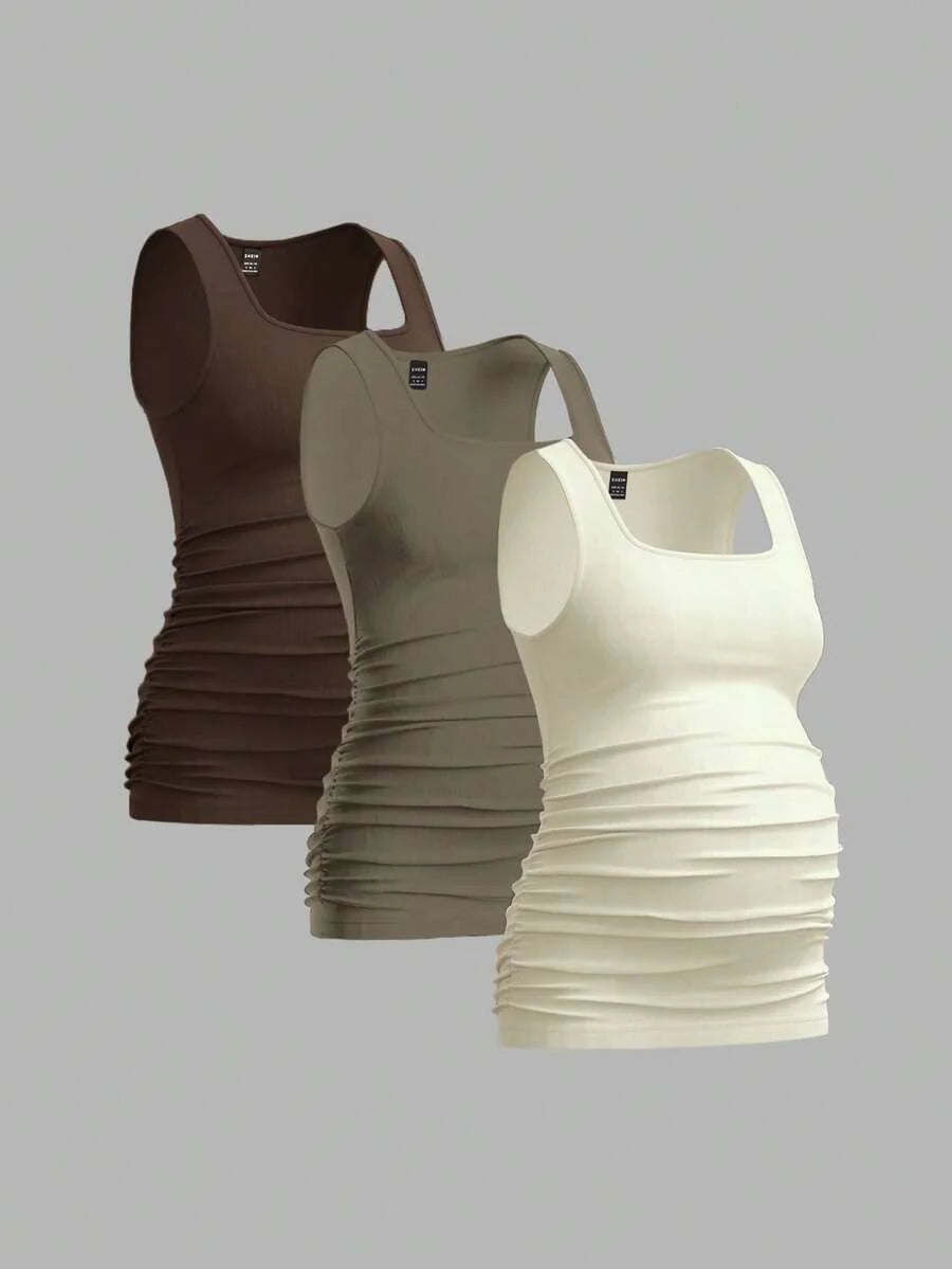 Maternity Ruched Tank Top 3-Pack - Square Neck, Slim Fit, Multicolor