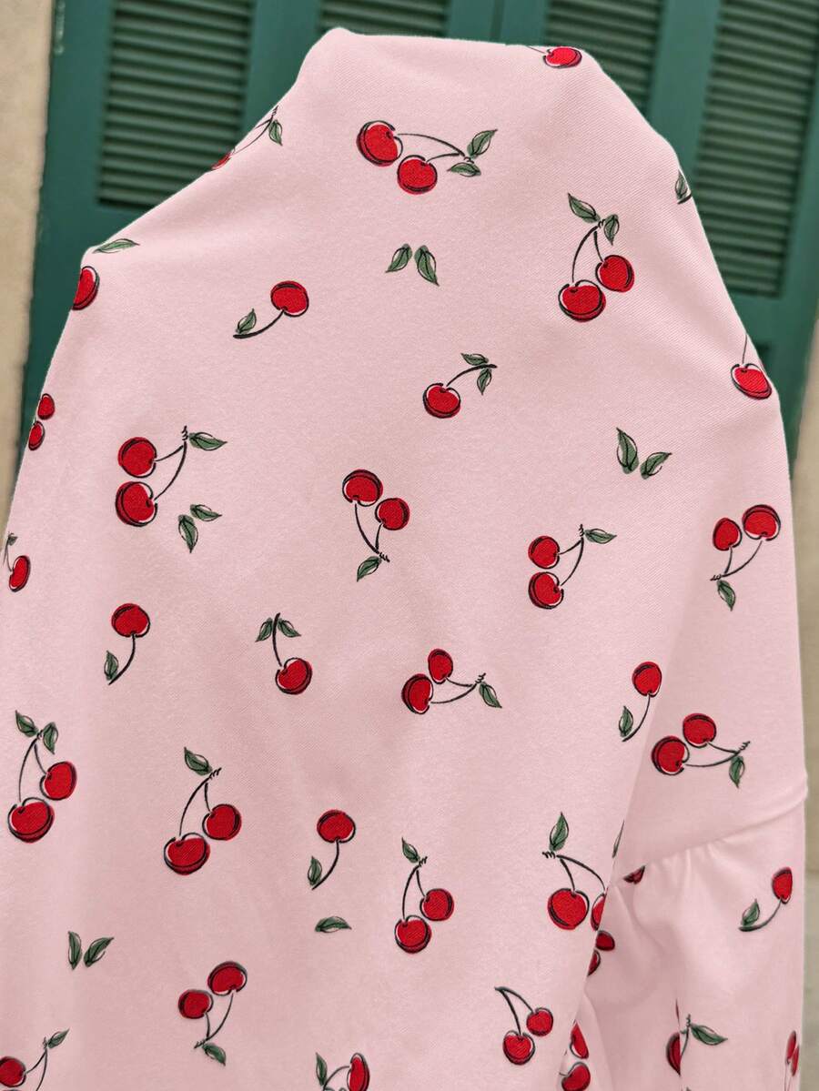 Maternity Cherry Print Short Sleeve T-Shirt Casual Scoop Neck Slim Fit Pink Summer Top with Padded Bust and Medium Stretch