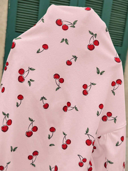 Maternity Cherry Print Short Sleeve T-Shirt Casual Scoop Neck Slim Fit Pink Summer Top with Padded Bust and Medium Stretch