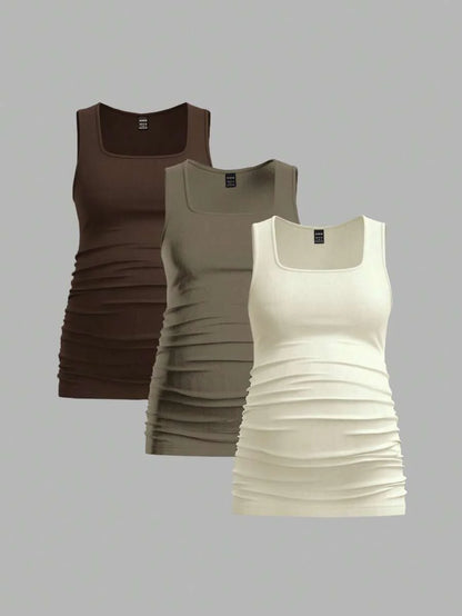Maternity Ruched Tank Top 3-Pack - Square Neck, Slim Fit, Multicolor