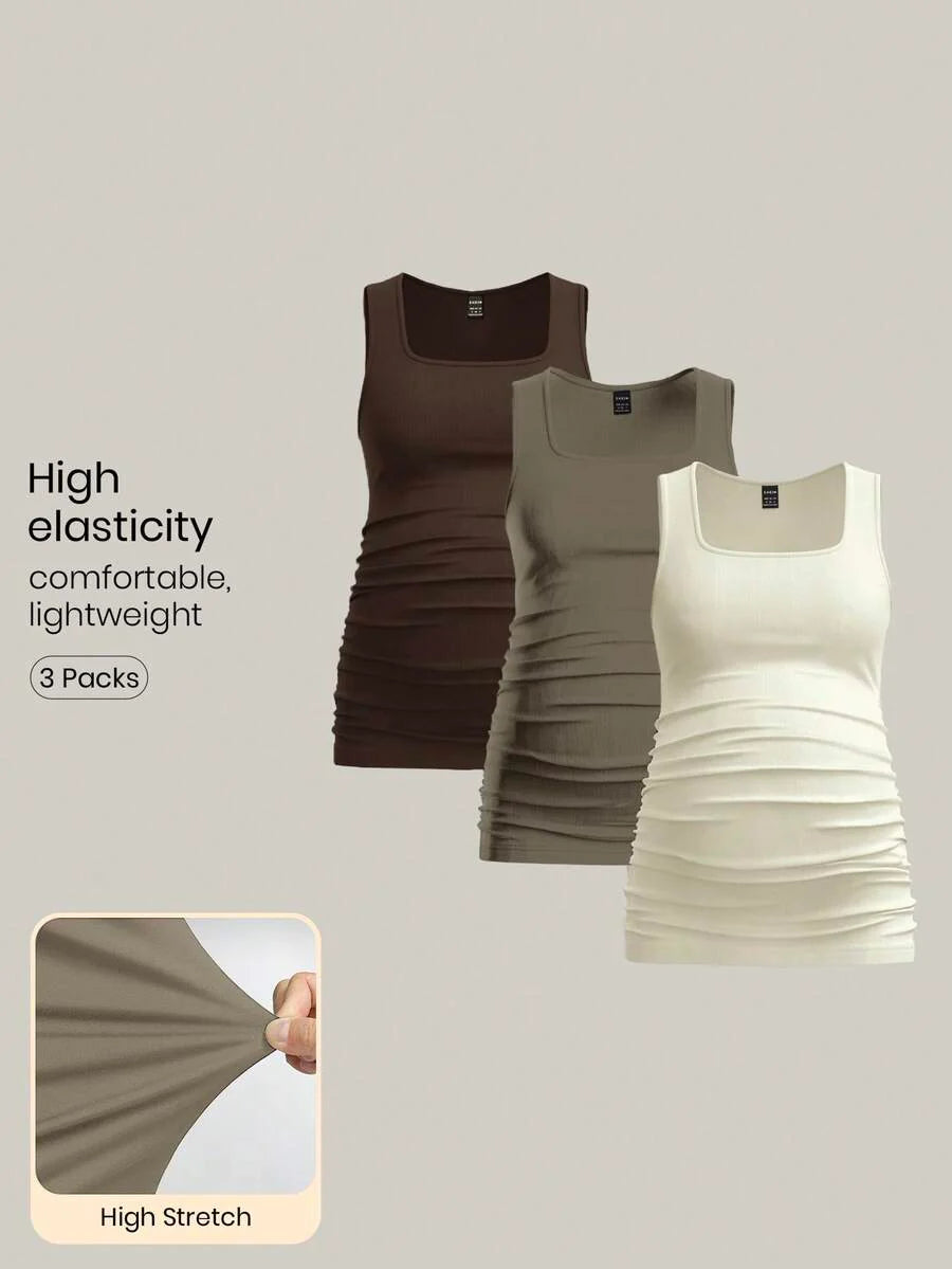 Maternity Ruched Tank Top 3-Pack - Square Neck, Slim Fit, Multicolor