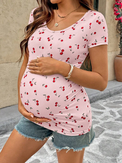 Maternity Cherry Print Short Sleeve T-Shirt Casual Scoop Neck Slim Fit Pink Summer Top with Padded Bust and Medium Stretch