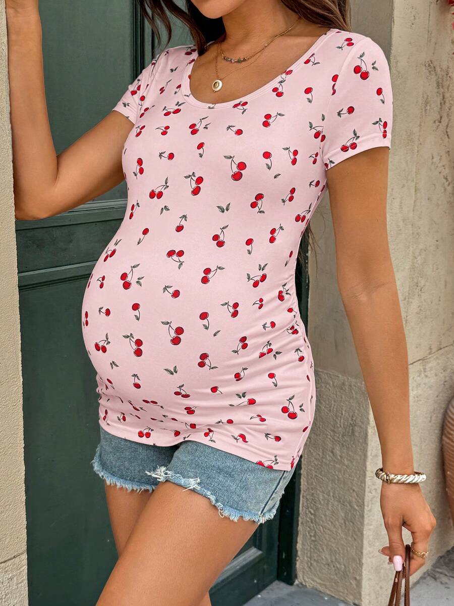 Maternity Cherry Print Short Sleeve T-Shirt Casual Scoop Neck Slim Fit Pink Summer Top with Padded Bust and Medium Stretch