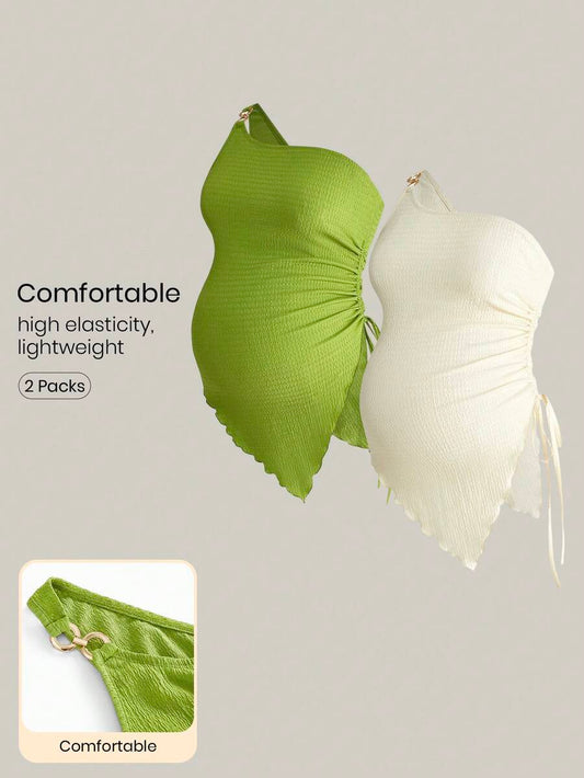 2-Pack Maternity Summer Blouse Set - Solid Color Ruched Asymmetrical Hem Sleeveless Tops - Casual Vacation Slim Fit Pregnancy T-Shirts