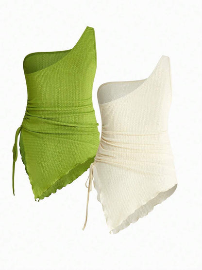 2-Pack Maternity Summer Blouse Set - Solid Color Ruched Asymmetrical Hem Sleeveless Tops - Casual Vacation Slim Fit Pregnancy T-Shirts
