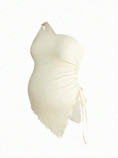 2-Pack Maternity Summer Blouse Set - Solid Color Ruched Asymmetrical Hem Sleeveless Tops - Casual Vacation Slim Fit Pregnancy T-Shirts