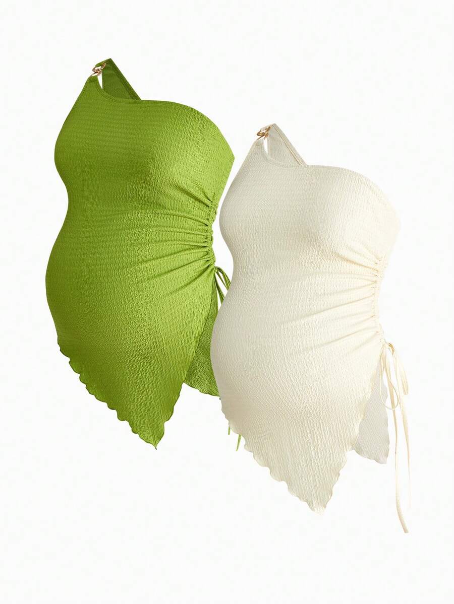 2-Pack Maternity Summer Blouse Set - Solid Color Ruched Asymmetrical Hem Sleeveless Tops - Casual Vacation Slim Fit Pregnancy T-Shirts