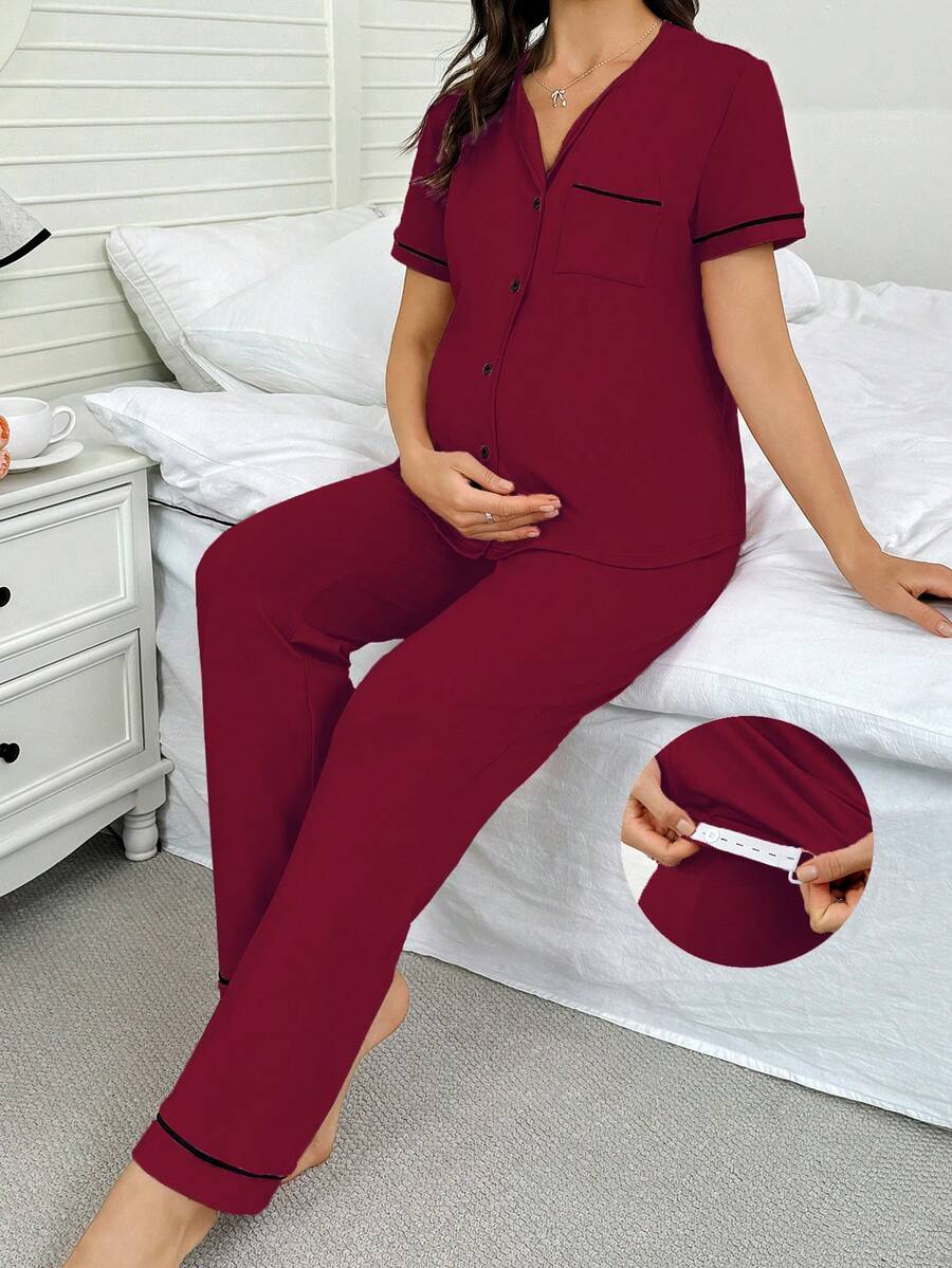 Maternity Button Front Shirt and Pants Loungewear Set Women Casual Sleepwear