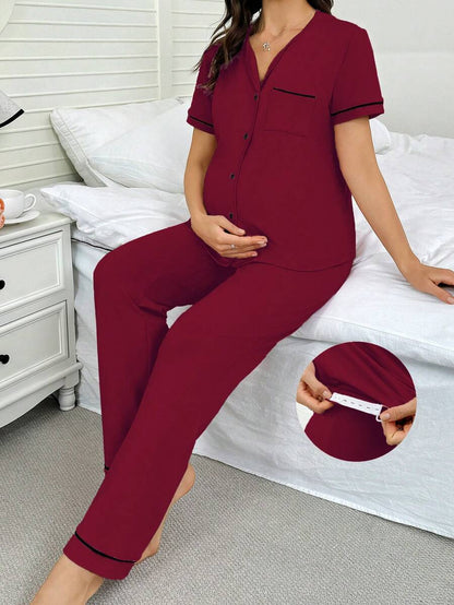 Maternity Button Front Shirt and Pants Loungewear Set Women Casual Sleepwear