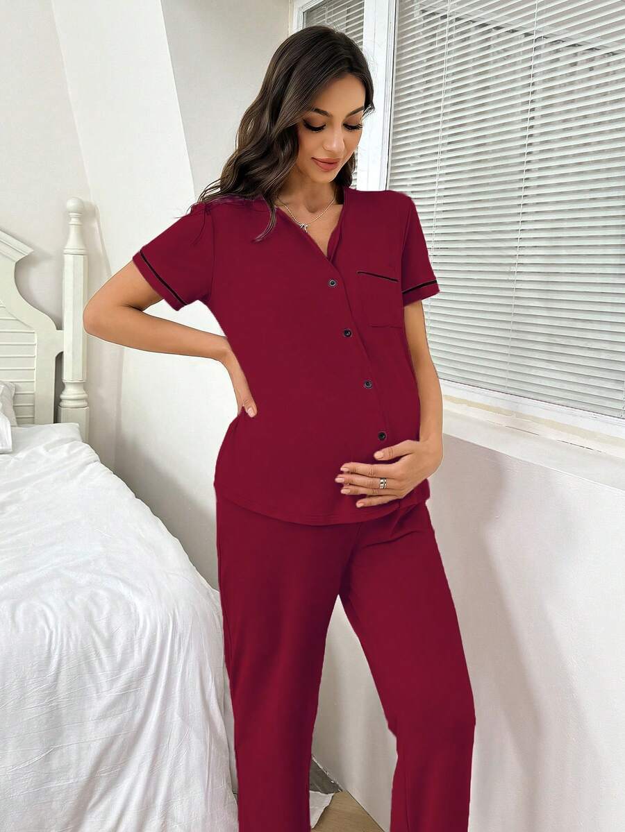 Maternity Button Front Shirt and Pants Loungewear Set Women Casual Sleepwear