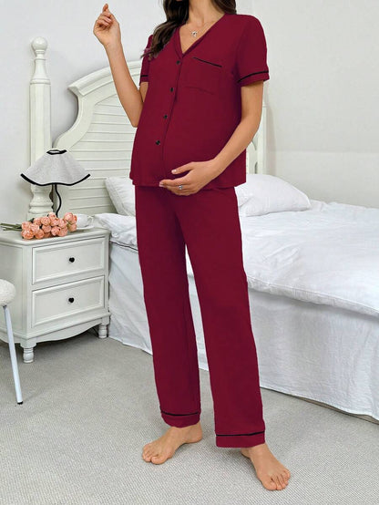 Maternity Button Front Shirt and Pants Loungewear Set Women Casual Sleepwear