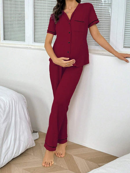 Maternity Button Front Shirt and Pants Loungewear Set Women Casual Sleepwear
