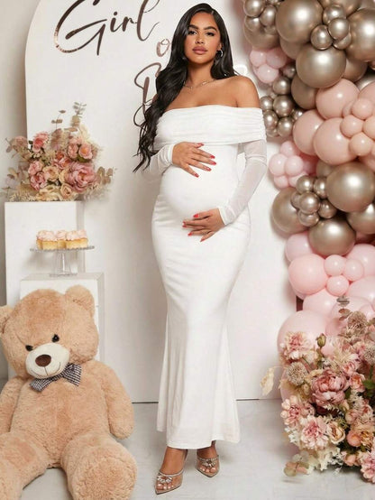 Maternity Off Shoulder Ruched Hem Dress Solid Color Slim Fit Pregnancy Gown for Baby Shower Gender Reveal Party Wedding Guest Summer
