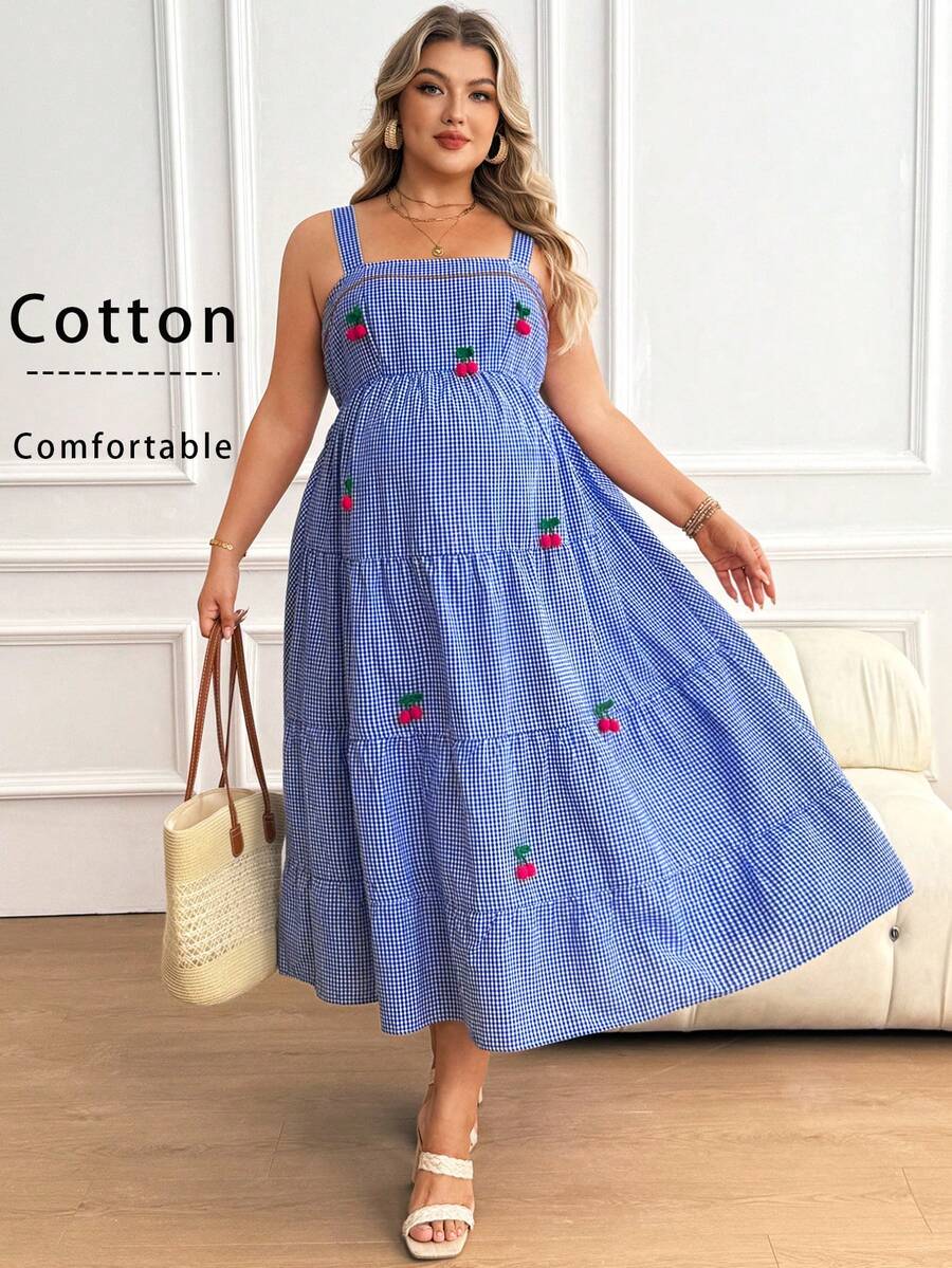Plus Size Maternity Striped Cami Maxi Dress - Strap, Sleeveless, Cherry Applique, Loose, Blue