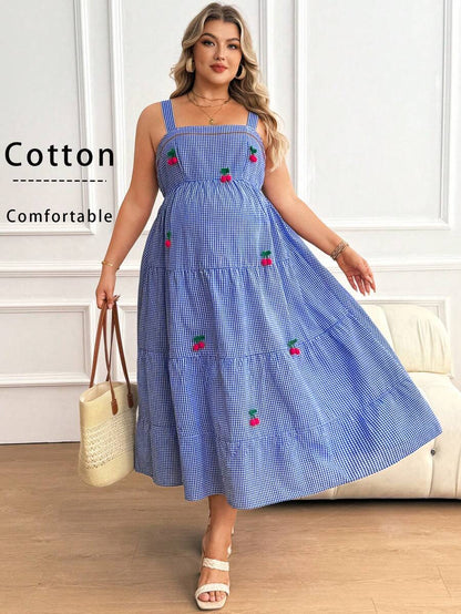 Plus Size Maternity Striped Cami Maxi Dress - Strap, Sleeveless, Cherry Applique, Loose, Blue