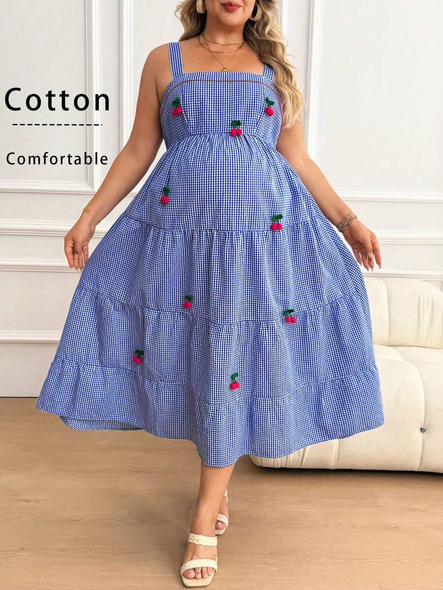 Plus Size Maternity Striped Cami Maxi Dress - Strap, Sleeveless, Cherry Applique, Loose, Blue