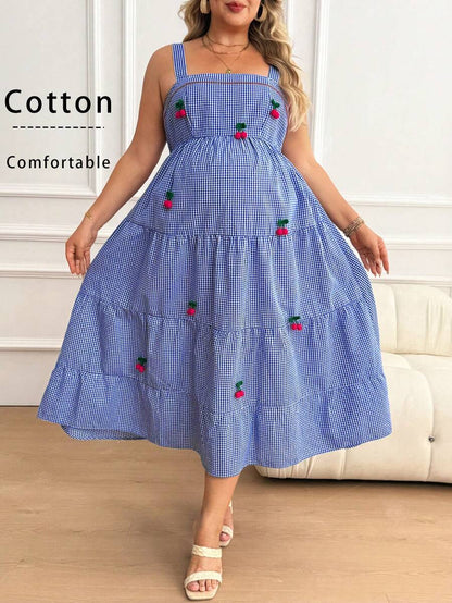 Plus Size Maternity Striped Cami Maxi Dress - Strap, Sleeveless, Cherry Applique, Loose, Blue