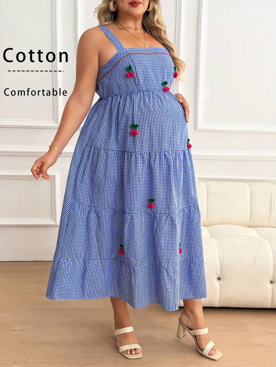 Plus Size Maternity Striped Cami Maxi Dress - Strap, Sleeveless, Cherry Applique, Loose, Blue