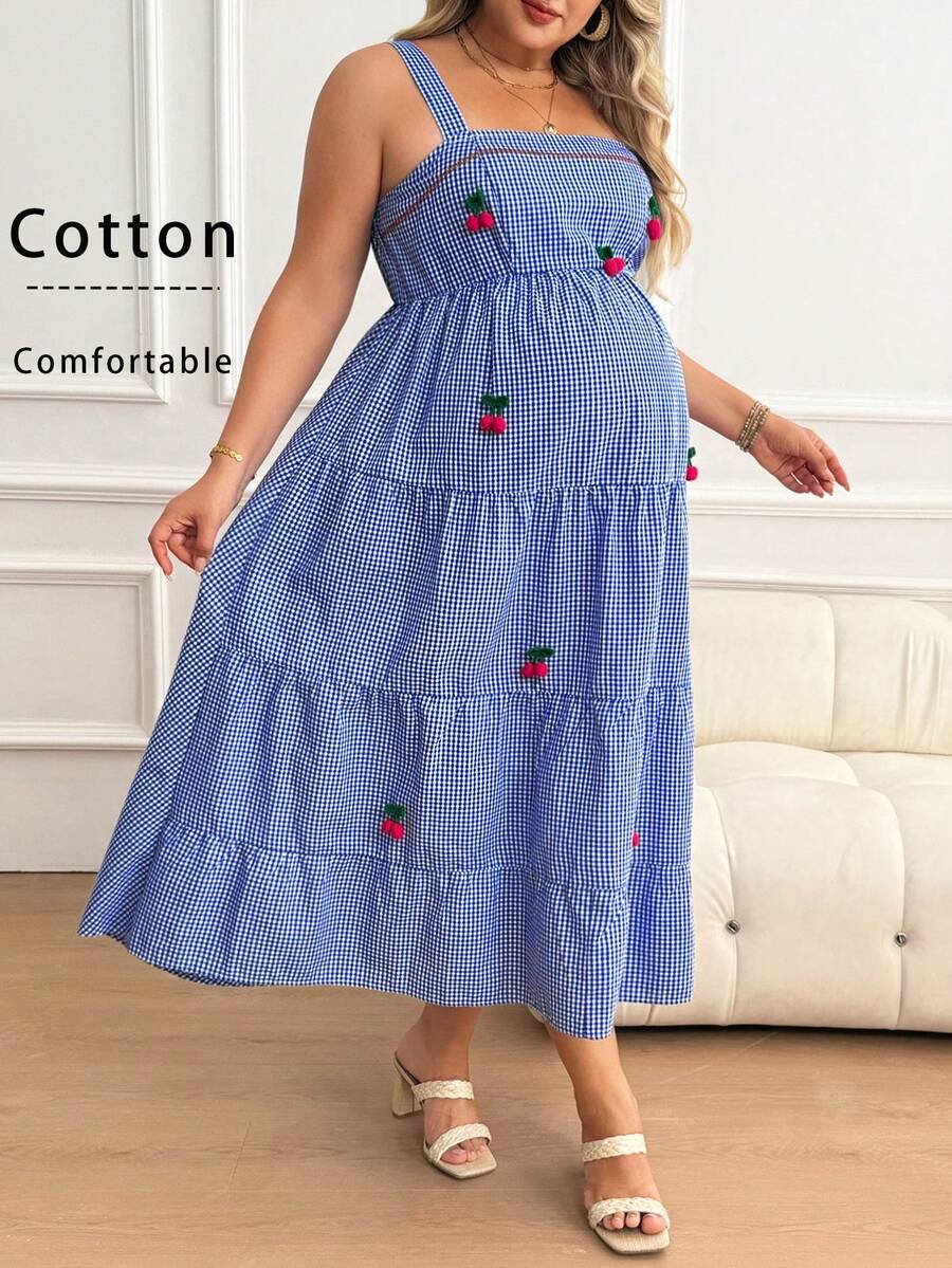 Plus Size Maternity Striped Cami Maxi Dress - Strap, Sleeveless, Cherry Applique, Loose, Blue