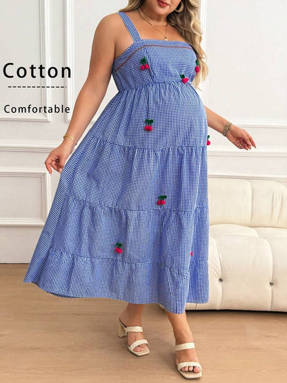 Plus Size Maternity Striped Cami Maxi Dress - Strap, Sleeveless, Cherry Applique, Loose, Blue