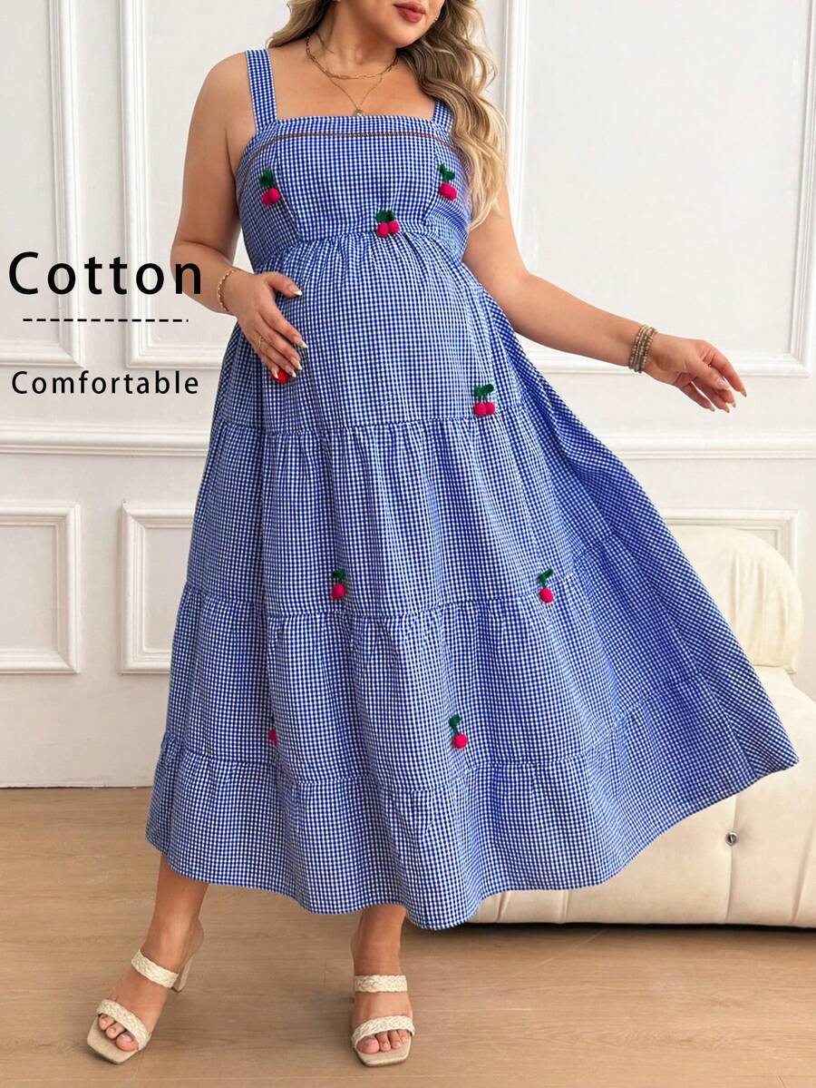 Plus Size Maternity Striped Cami Maxi Dress - Strap, Sleeveless, Cherry Applique, Loose, Blue
