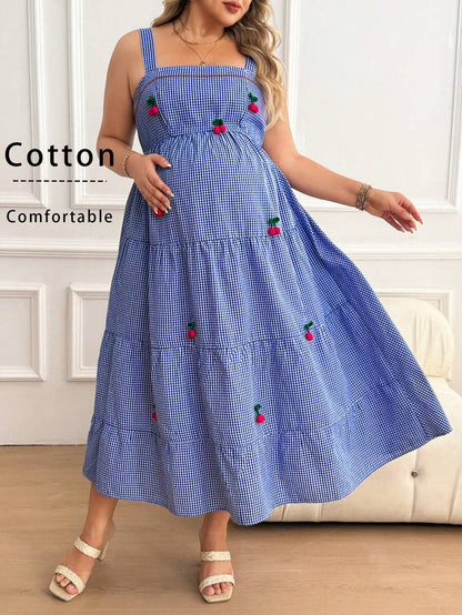 Plus Size Maternity Striped Cami Maxi Dress - Strap, Sleeveless, Cherry Applique, Loose, Blue
