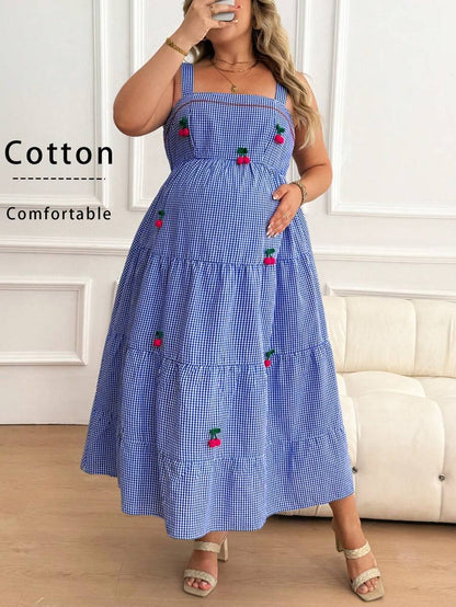 Plus Size Maternity Striped Cami Maxi Dress - Strap, Sleeveless, Cherry Applique, Loose, Blue