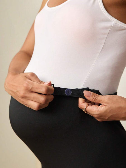 Maternity Black Capri Leggings with Floral Hem High Waist Adjustable Belly Support Stretchy Maternity Work Outfits for Commuting