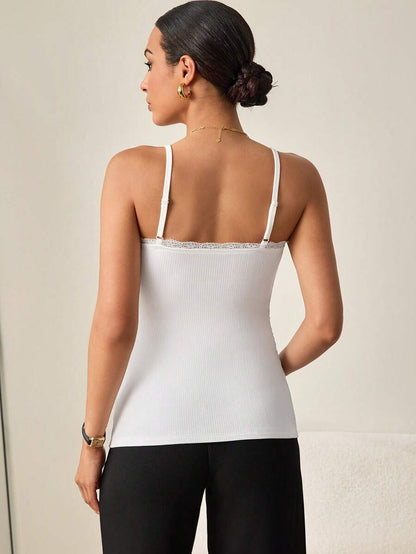 Maternity White Spaghetti Strap Top with Contrast Lace Trim Slim Fit High Stretch Sleeveless Nursing Friendly Cami for Work or Beach