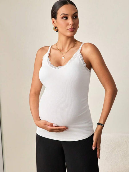 Maternity White Spaghetti Strap Top with Contrast Lace Trim Slim Fit High Stretch Sleeveless Nursing Friendly Cami for Work or Beach