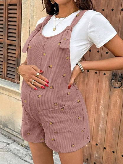 Apricot Floral Embroidered Corduroy Maternity Overalls – Minimalist Loose Fit Sleeveless Short Jumpsuit for Casual Home & Daily Wear