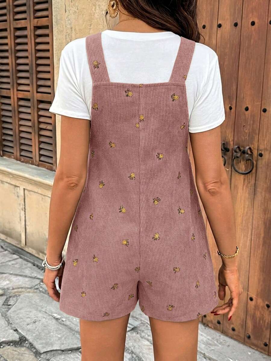 Apricot Floral Embroidered Corduroy Maternity Overalls – Minimalist Loose Fit Sleeveless Short Jumpsuit for Casual Home & Daily Wear