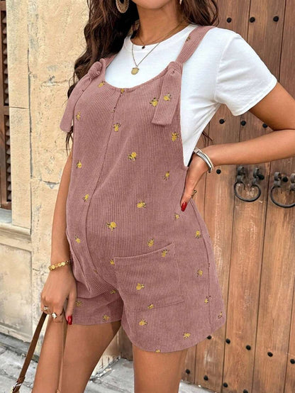 Apricot Floral Embroidered Corduroy Maternity Overalls – Minimalist Loose Fit Sleeveless Short Jumpsuit for Casual Home & Daily Wear