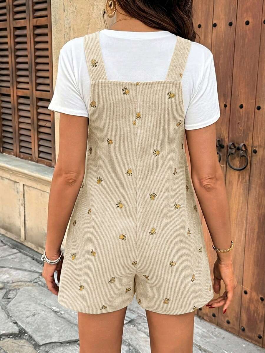 Apricot Floral Embroidered Corduroy Maternity Overalls – Minimalist Loose Fit Sleeveless Short Jumpsuit for Casual Home & Daily Wear