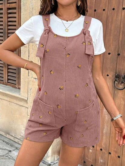 Apricot Floral Embroidered Corduroy Maternity Overalls – Minimalist Loose Fit Sleeveless Short Jumpsuit for Casual Home & Daily Wear