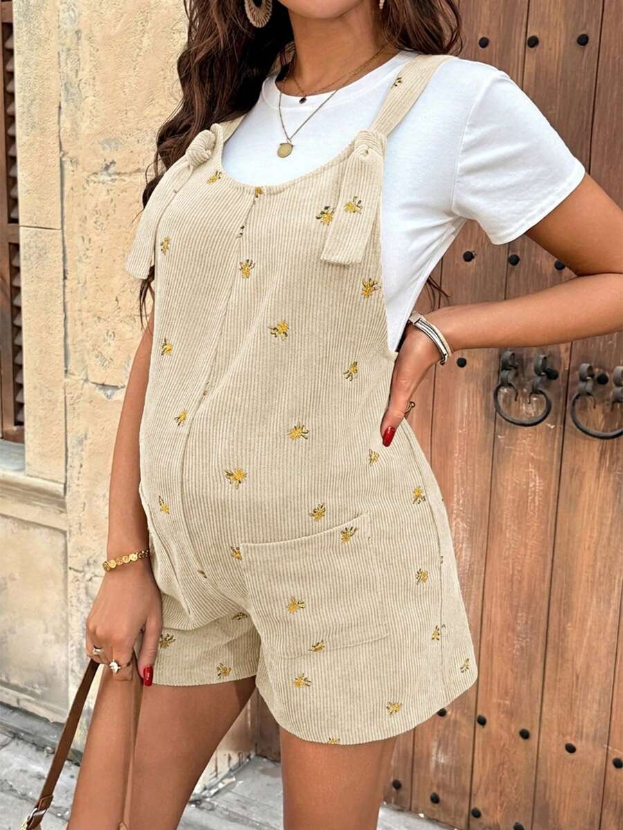 Apricot Floral Embroidered Corduroy Maternity Overalls – Minimalist Loose Fit Sleeveless Short Jumpsuit for Casual Home & Daily Wear