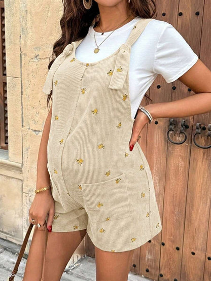 Apricot Floral Embroidered Corduroy Maternity Overalls – Minimalist Loose Fit Sleeveless Short Jumpsuit for Casual Home & Daily Wear