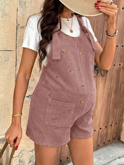 Apricot Floral Embroidered Corduroy Maternity Overalls – Minimalist Loose Fit Sleeveless Short Jumpsuit for Casual Home & Daily Wear