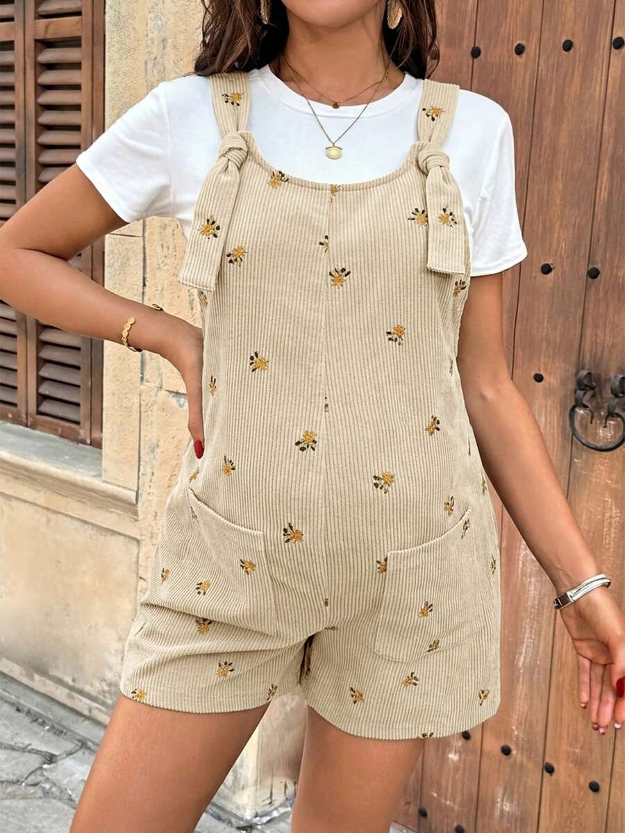 Apricot Floral Embroidered Corduroy Maternity Overalls – Minimalist Loose Fit Sleeveless Short Jumpsuit for Casual Home & Daily Wear