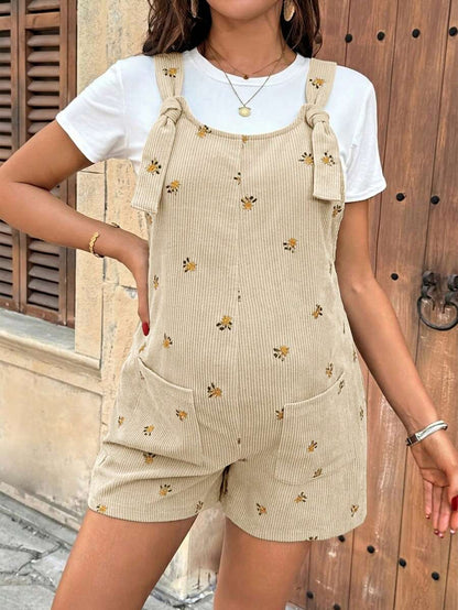 Apricot Floral Embroidered Corduroy Maternity Overalls – Minimalist Loose Fit Sleeveless Short Jumpsuit for Casual Home & Daily Wear