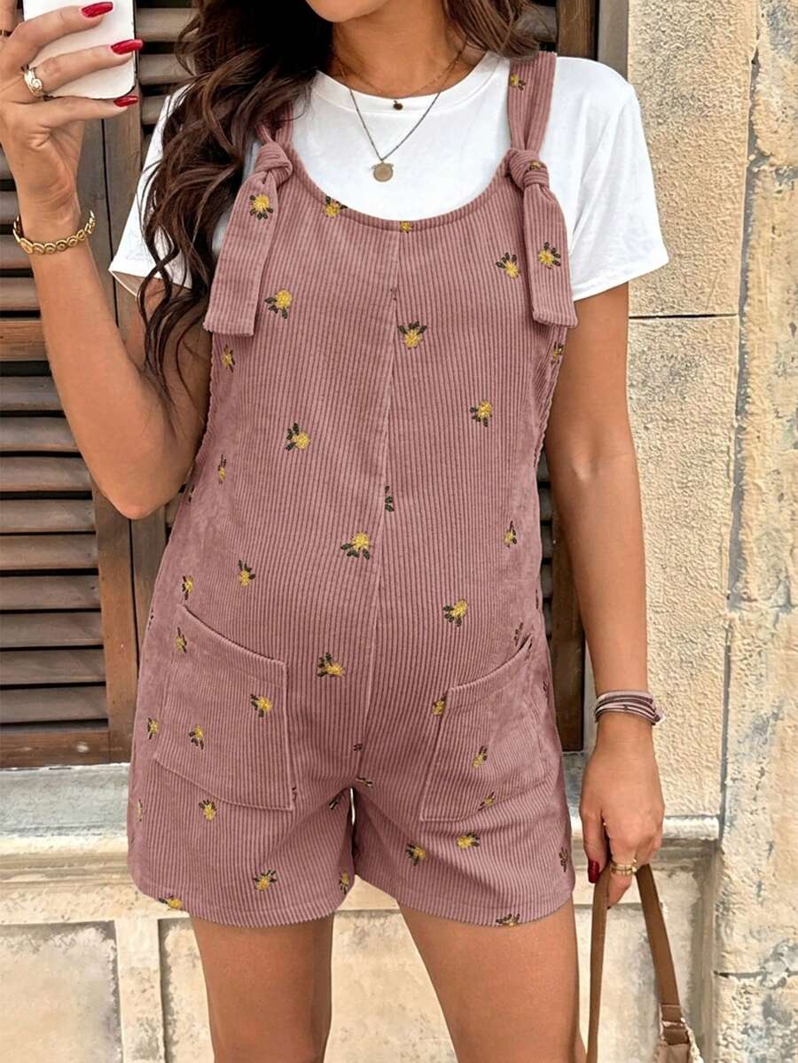 Apricot Floral Embroidered Corduroy Maternity Overalls – Minimalist Loose Fit Sleeveless Short Jumpsuit for Casual Home & Daily Wear