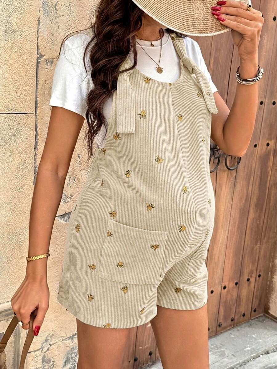 Apricot Floral Embroidered Corduroy Maternity Overalls – Minimalist Loose Fit Sleeveless Short Jumpsuit for Casual Home & Daily Wear