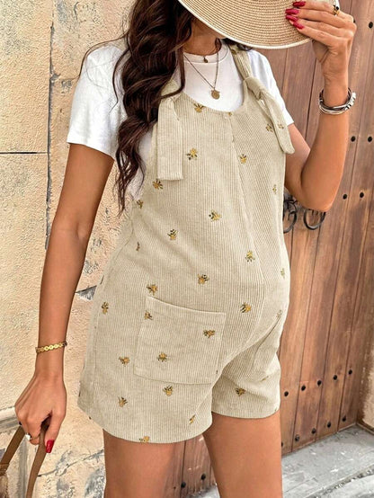Apricot Floral Embroidered Corduroy Maternity Overalls – Minimalist Loose Fit Sleeveless Short Jumpsuit for Casual Home & Daily Wear