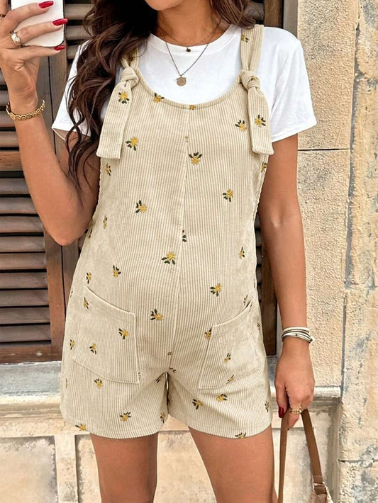 Apricot Floral Embroidered Corduroy Maternity Overalls – Minimalist Loose Fit Sleeveless Short Jumpsuit for Casual Home & Daily Wear