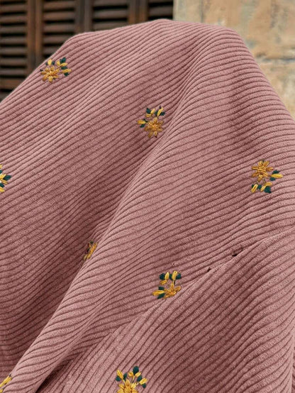 Apricot Floral Embroidered Corduroy Maternity Overalls – Minimalist Loose Fit Sleeveless Short Jumpsuit for Casual Home & Daily Wear