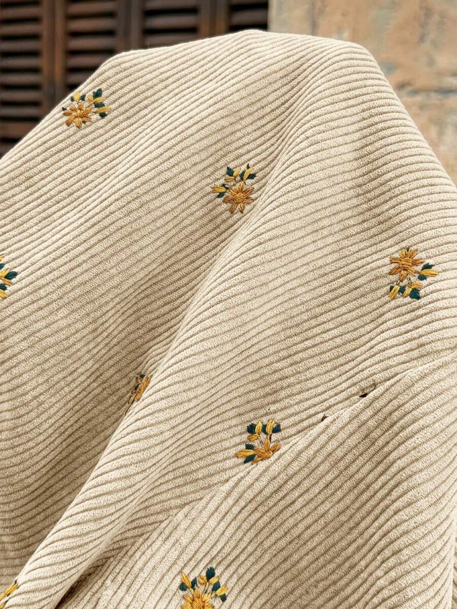 Apricot Floral Embroidered Corduroy Maternity Overalls – Minimalist Loose Fit Sleeveless Short Jumpsuit for Casual Home & Daily Wear