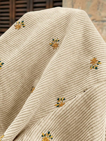 Apricot Floral Embroidered Corduroy Maternity Overalls – Minimalist Loose Fit Sleeveless Short Jumpsuit for Casual Home & Daily Wear